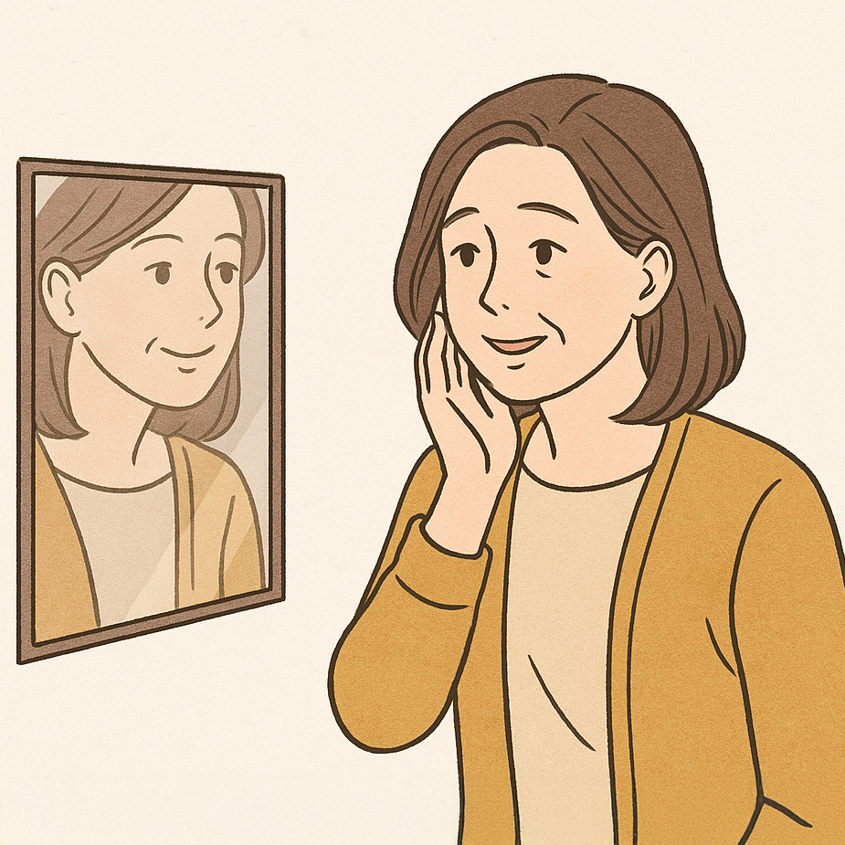 鏡を見て嬉しそうにする女性